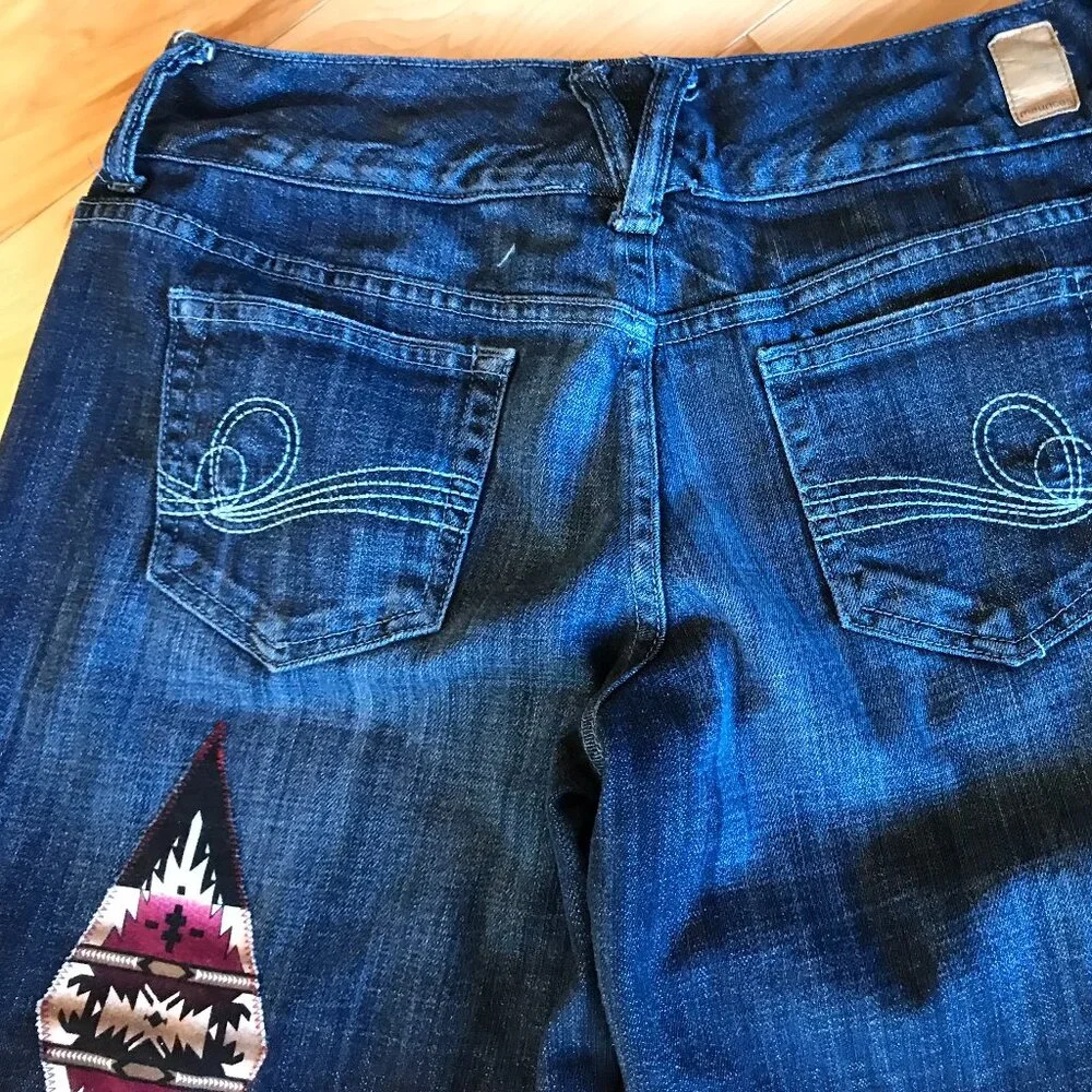 Upcycled Southwest Aztec Patchwork Denim Capris, Western Gauchos Size 7-8